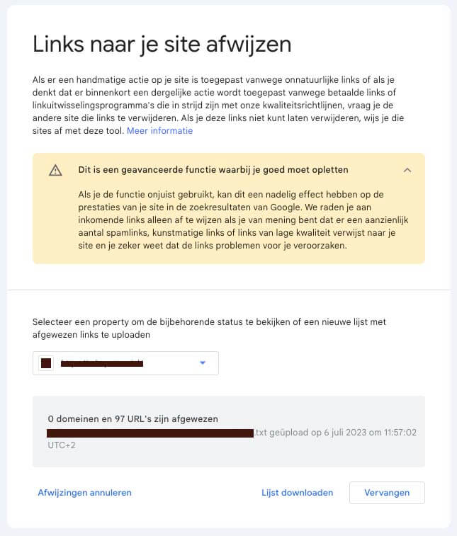 Voorbeeld van backlinks disavowen in de Disavow Tool van Google