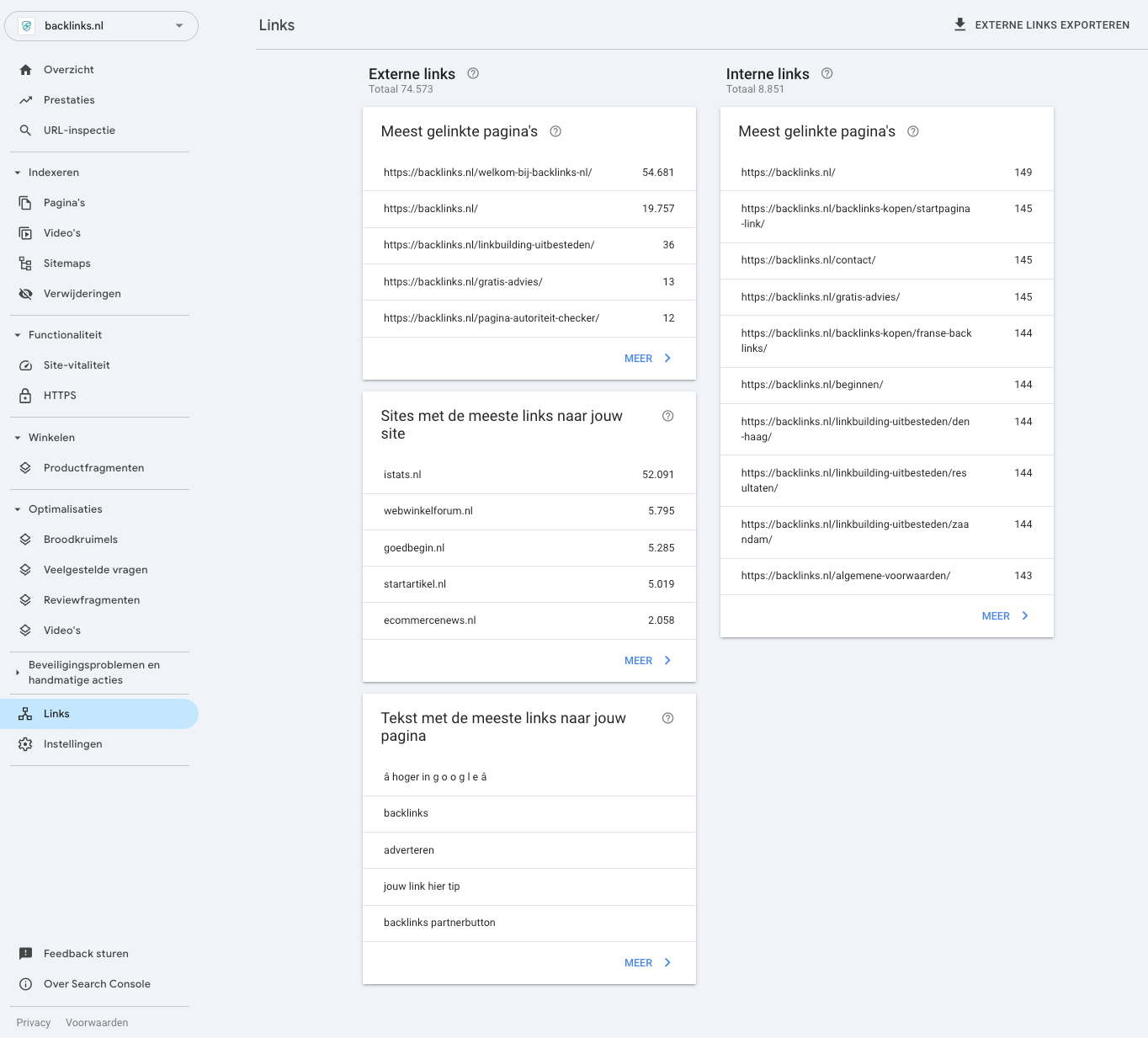 Google Search Console links overzichtspagina