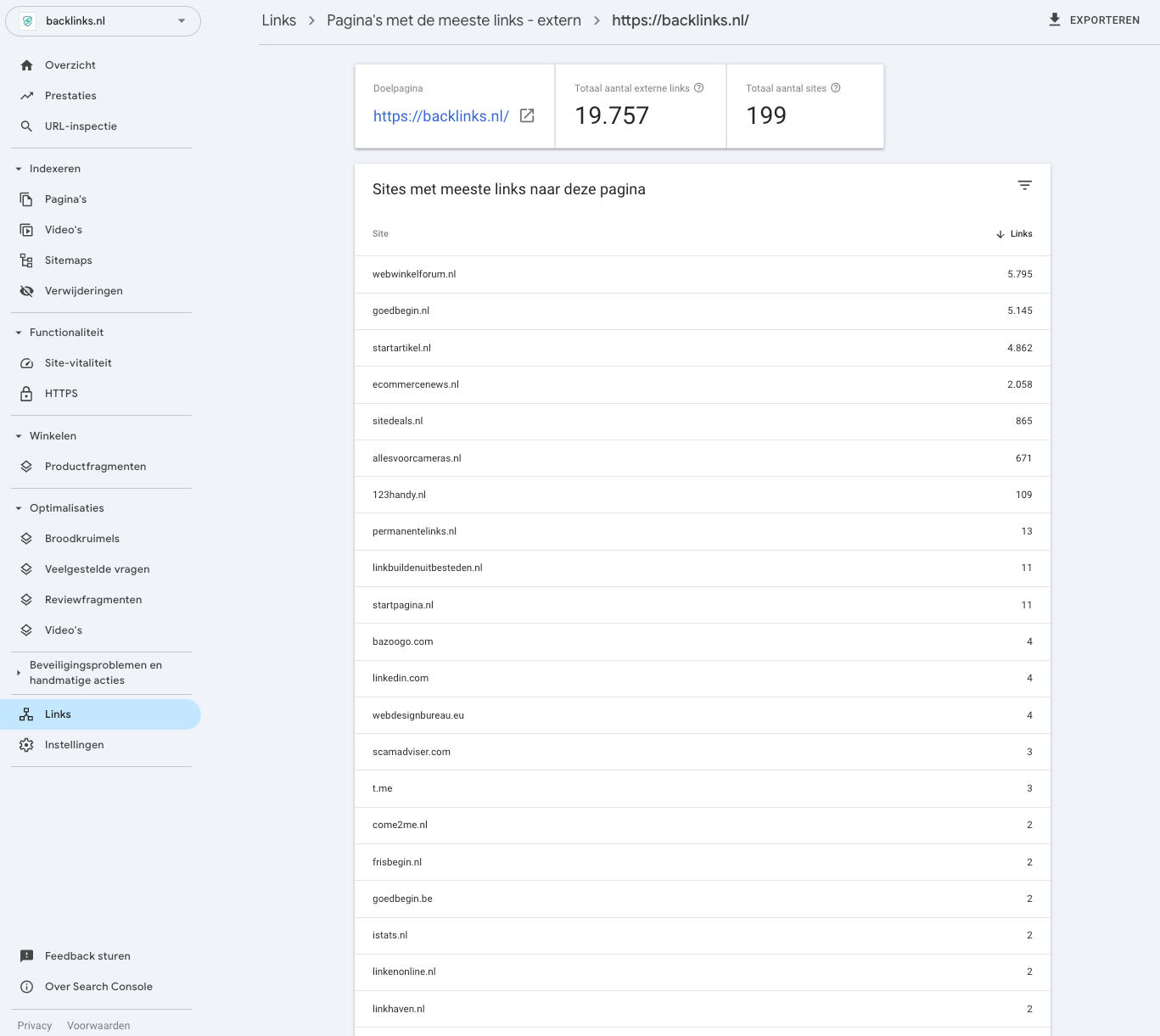 Google Search Console Meest gelinkte pagina's level 1